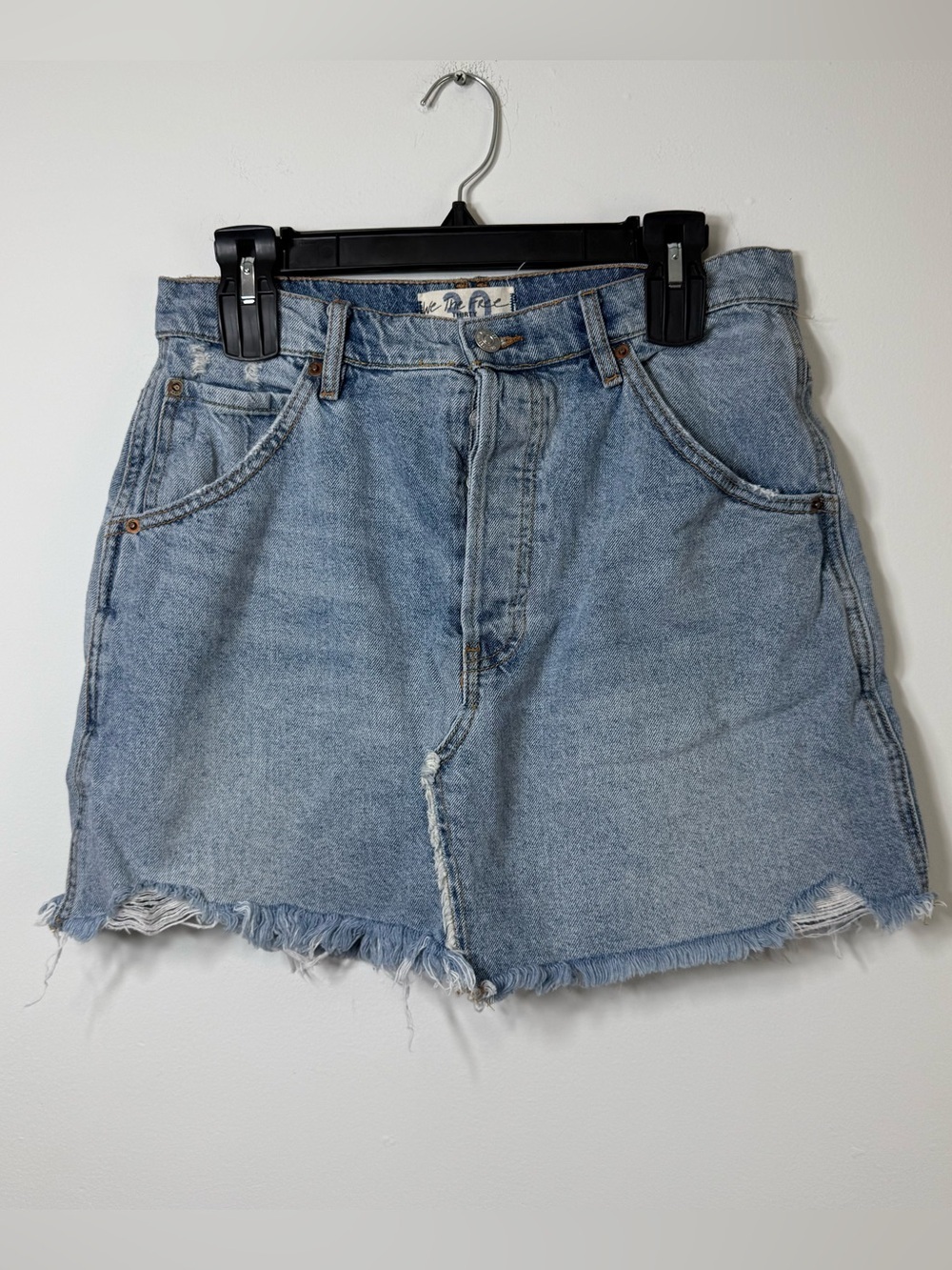 We The Free | Light Wash Exposed Button Fly Raw Hem Denim Mini Skirt Size 30